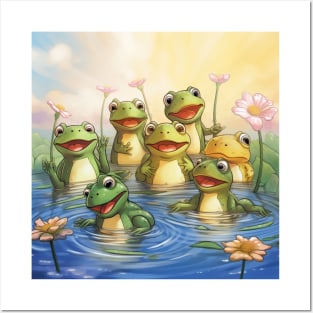 Funny frog sit and song on a lotus leaf in the pond Posters and Art